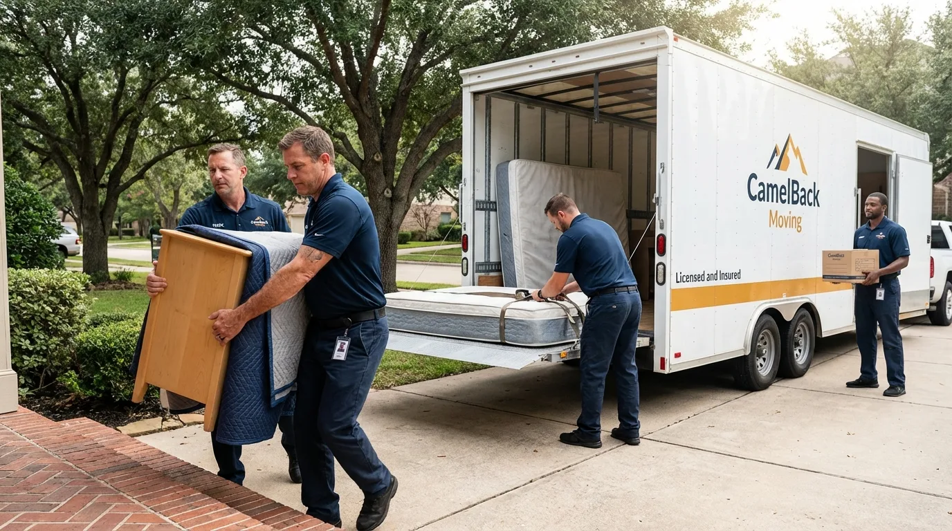 Crew loading residential truck for cross-state move from Thatcher, AZ