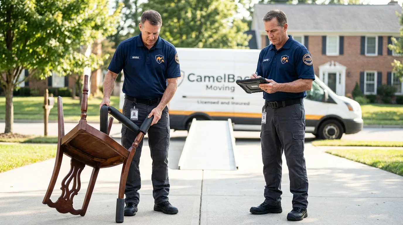 Movers inspecting furniture for damage prevention before loading in Thatcher, AZ