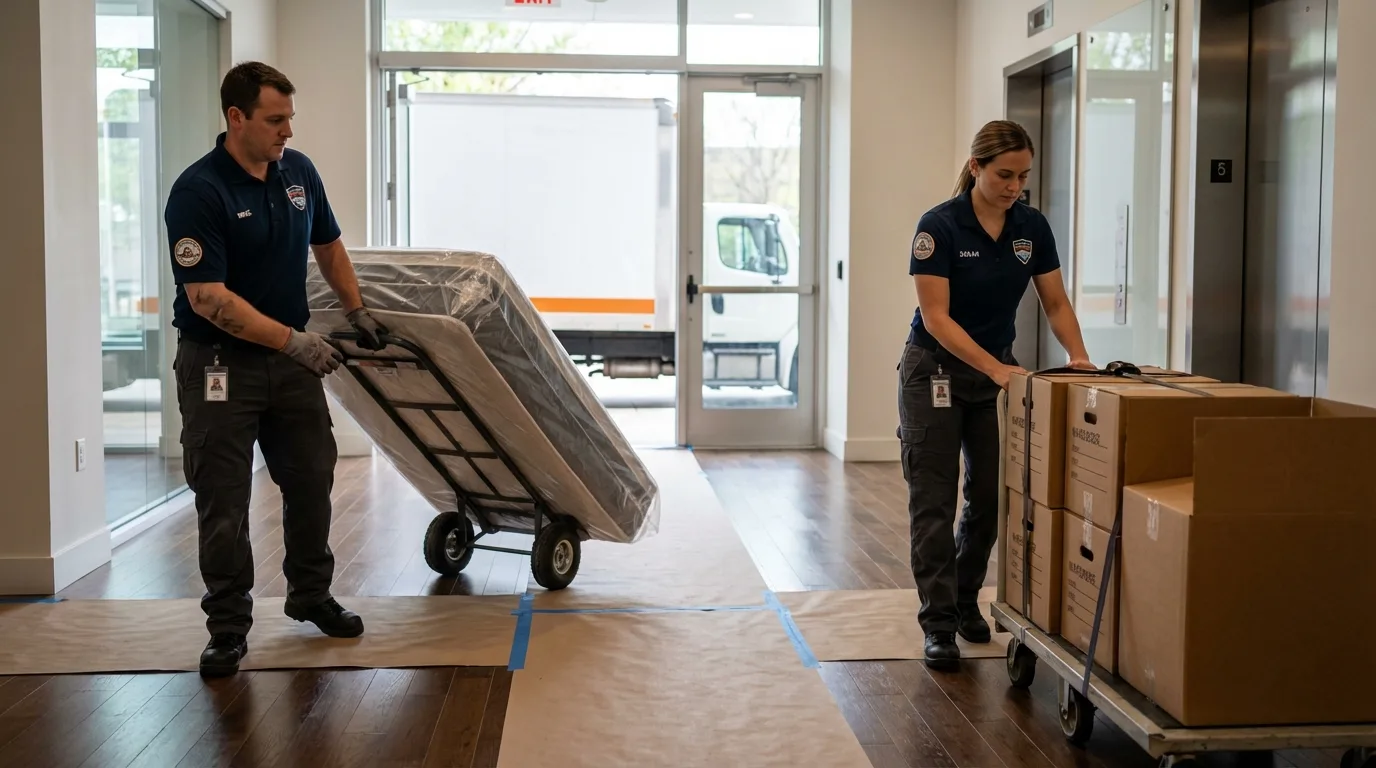 Professional apartment movers loading elevator in Thatcher, AZ