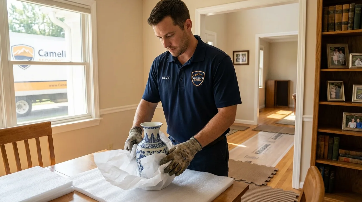 Professional crew carefully wrapping antique vase for senior downsizing move in Thatcher, AZ